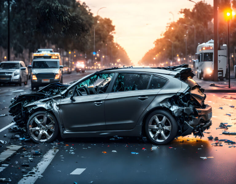 Damaged silver sedan after a collision on a city street with debris and emergency vehicles in the background at sunset.