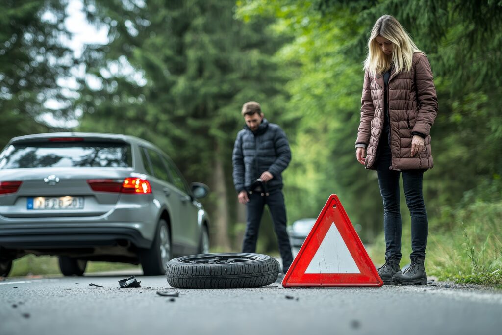 A woman in a brown puffer coat and a man in a dark jacket stand beside a silver car on a tree-lined road, with a red and white warning triangle and a spare tire on the road, suggesting a breakdown or accident.