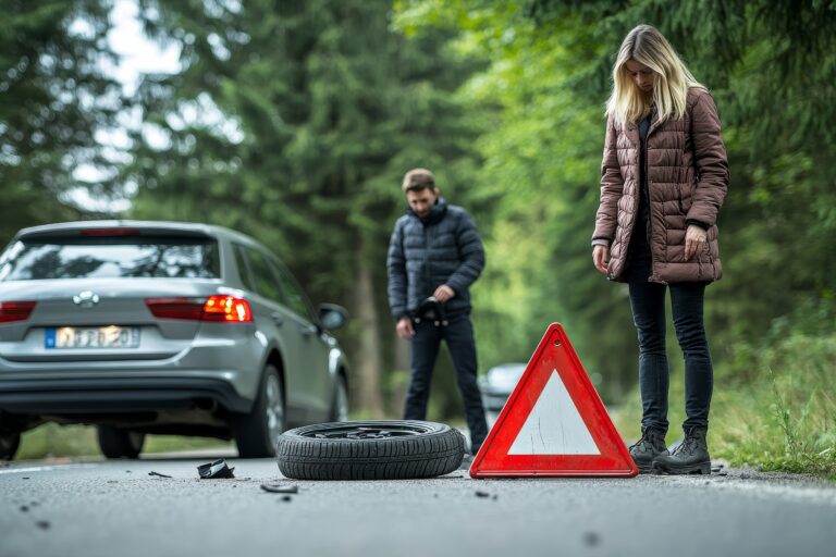 A woman in a brown puffer coat and a man in a dark jacket stand beside a silver car on a tree-lined road, with a red and white warning triangle and a spare tire on the road, suggesting a breakdown or accident.