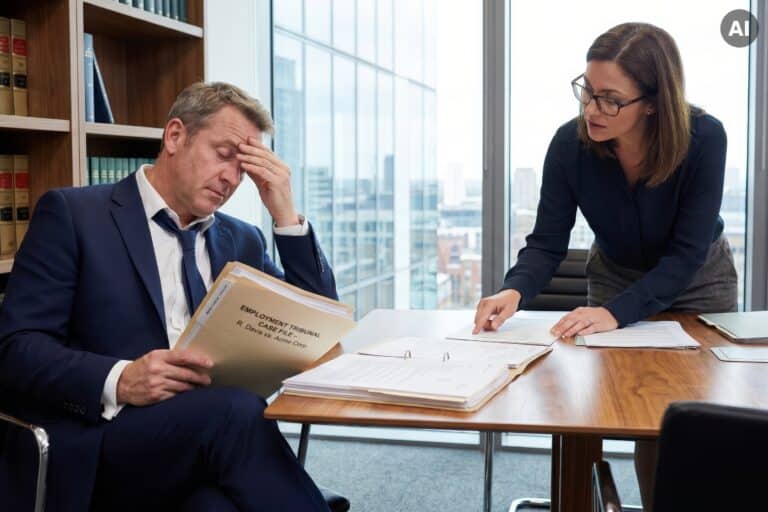 Middle-aged white businessman reviewing employment tribunal case file