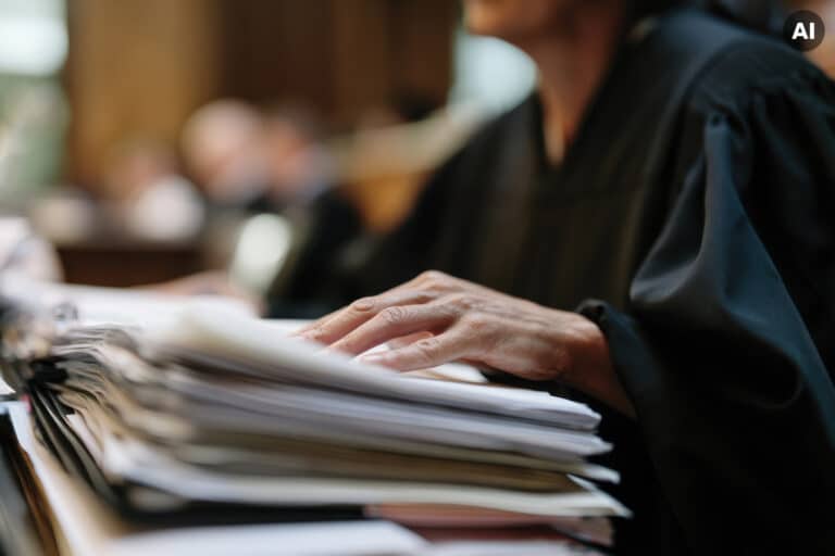 Documentary editorial courtroom photography, mid shot of a focused judge quietly comparing two neutral document groups representing the positions presented by both legal teams, pages arranged evenly and turned away from the camera with all writing completely illegible, exactly one complete anatomically natural hand visible from wrist to fingertips resting between the folders, five relaxed fingers and stable neutral wrist without indicating either side, second hand fully concealed, court clerk softly recognizable nearby and attorneys waiting deeper in the courtroom, visual balance reinforcing impartial analysis without implying the outcome, judge and documents held within one broad softly integrated focal field, subtle optical diffusion, low microcontrast, soft anatomical and paper detail, feathered edges and no product-style sharpness --no text, logos, watermark, brand names, readable writing, names, signatures, case numbers, personal information, national emblems, flags, gavels, bias, pointing fingers, dramatic gestures, theatrical authority, HDR, digital oversharpening, bad hands, distorted hands, extra fingers, fused fingers, malformed hands, unnatural hands, deformed palms, mutated fingers, twisted fingers, incorrect finger count, broken wrists --ar 3:2 --raw --profile dzlaocu --stylize 71 --v 8.2 Job ID: fddbecdd-e5bb-458d-8bb2-548520aeb9fa